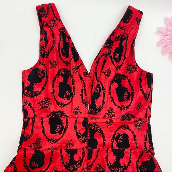 ModCloth X JawBreaker Velveteen Retro Pinup Rockabilly Cameo Midi Dress Red - Picture 7 of 13